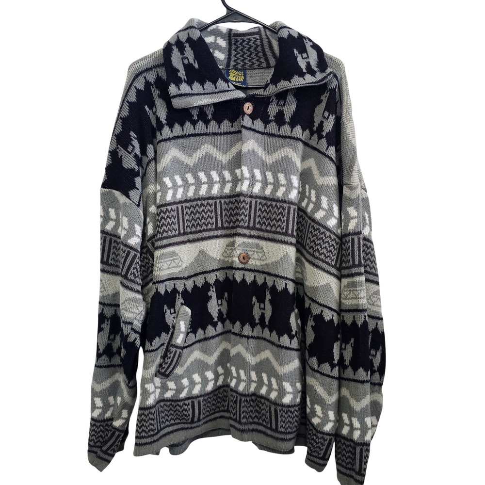 Vintage Otavalo Ecuador Wool Cardigan Sweater Llama Geometric Grey Black L